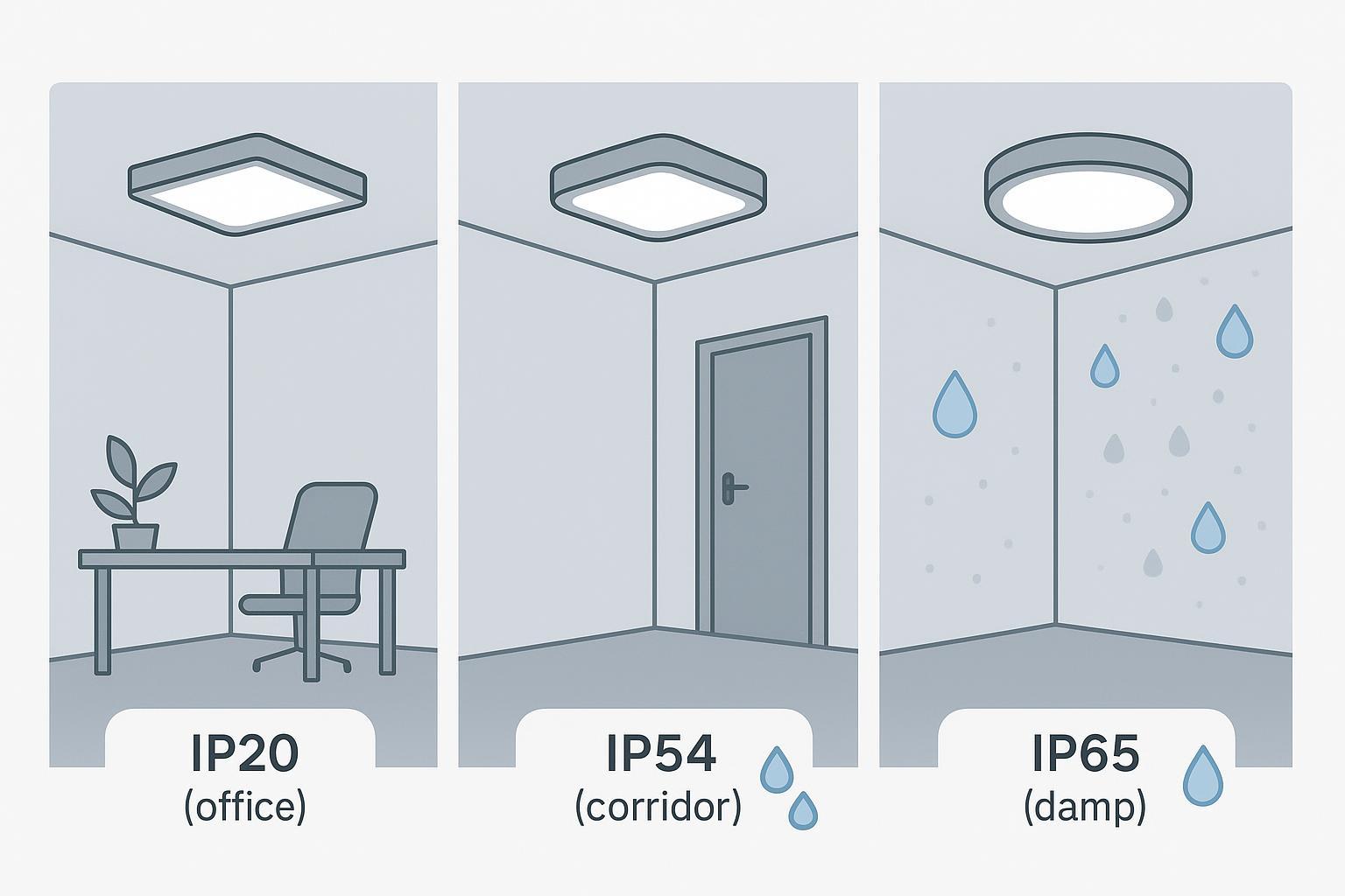 Classificazione IP per uffici, corridoi e aree umide: scelta tra IP20, IP54 e IP65